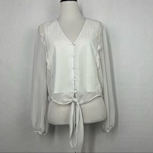 WAYF White Women’s V neck Sheer Lace Long Sleeve Front tie knot Size Medium